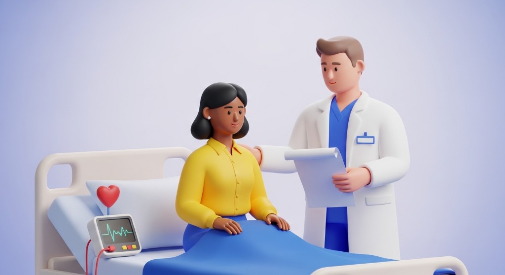 진단 이후 치료와 입원을 상징하는 일러스트. 진단금 외에 입원·수술·항암 담보를 함께 짚으라는 안내용 그림입니다.