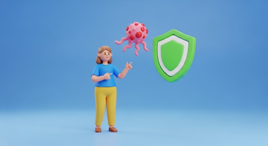 암보험에서 말하는 보장이 집과 가족을 어떻게 감싸는지 보여 주는 일러스트. 진단금과 치료 관련 담보를 함께 생각하라는 뜻으로 쓰였습니다.