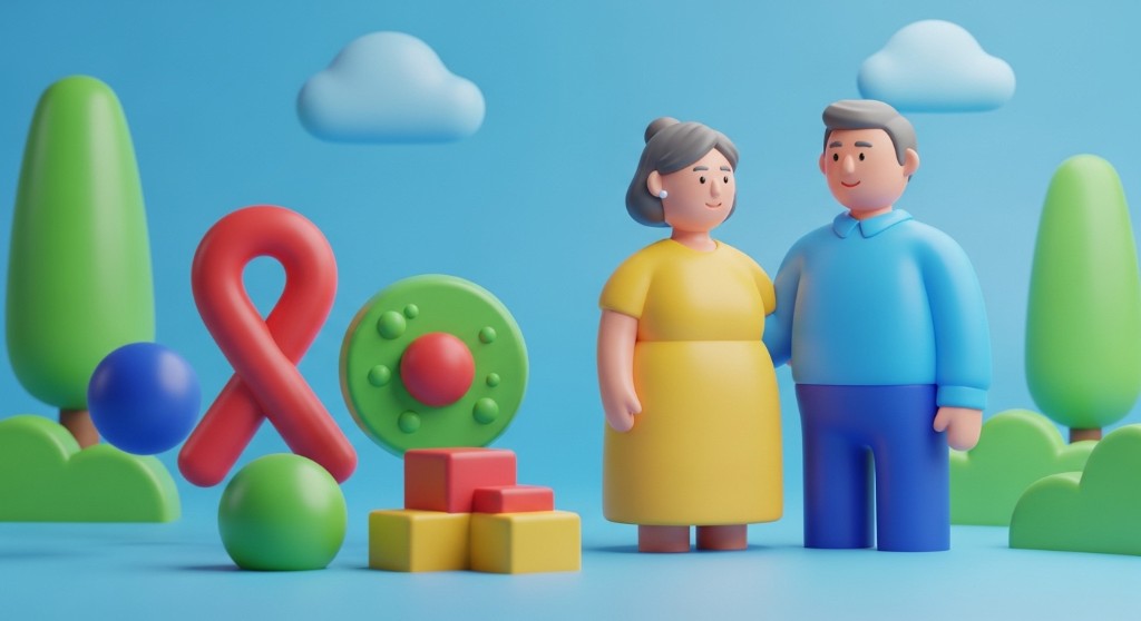 암 인식 리본과 함께하는 부부, 시니어 암보험 안내 일러스트